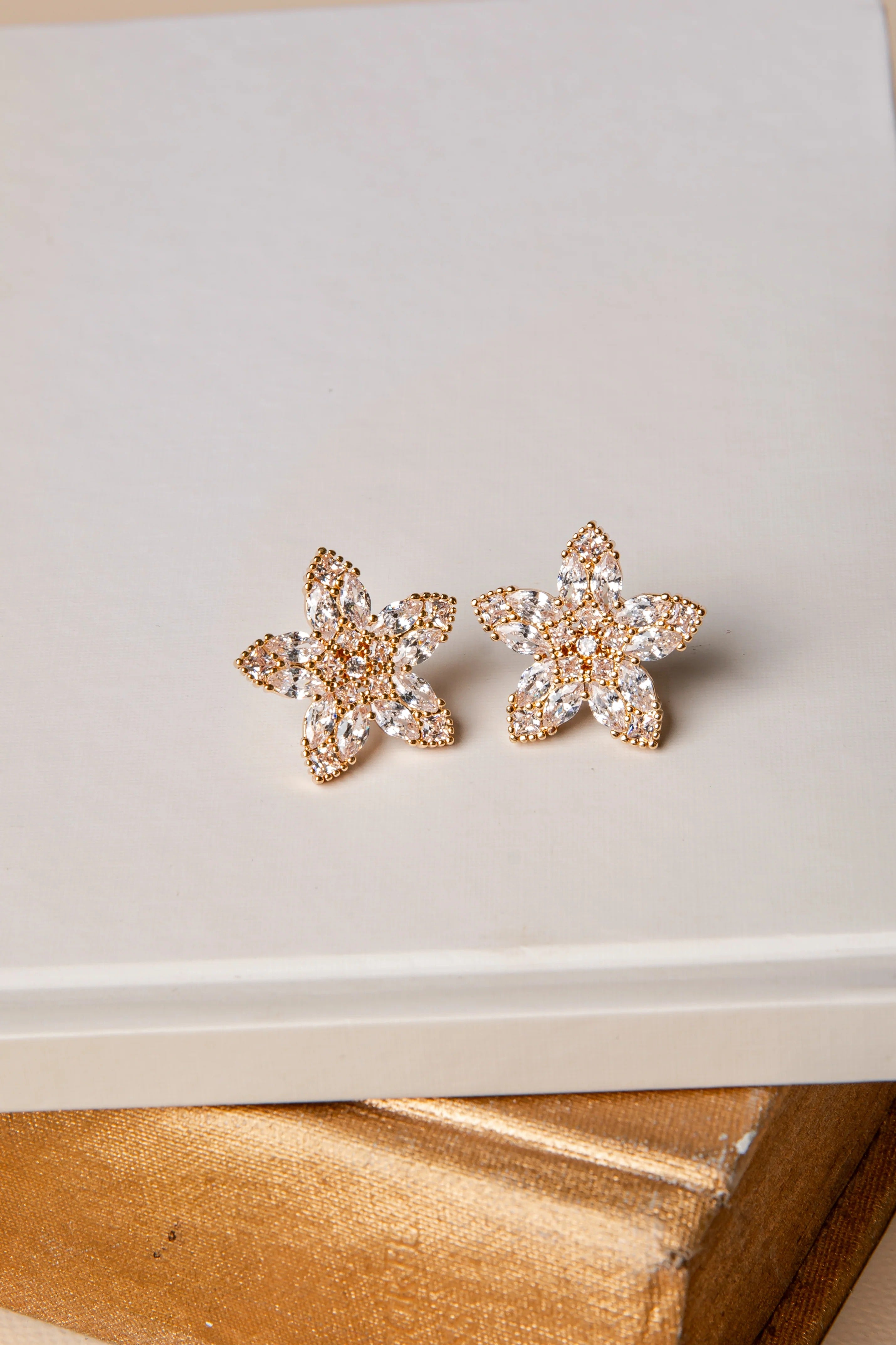 Gold Rhinestone Floral Stud Earrings