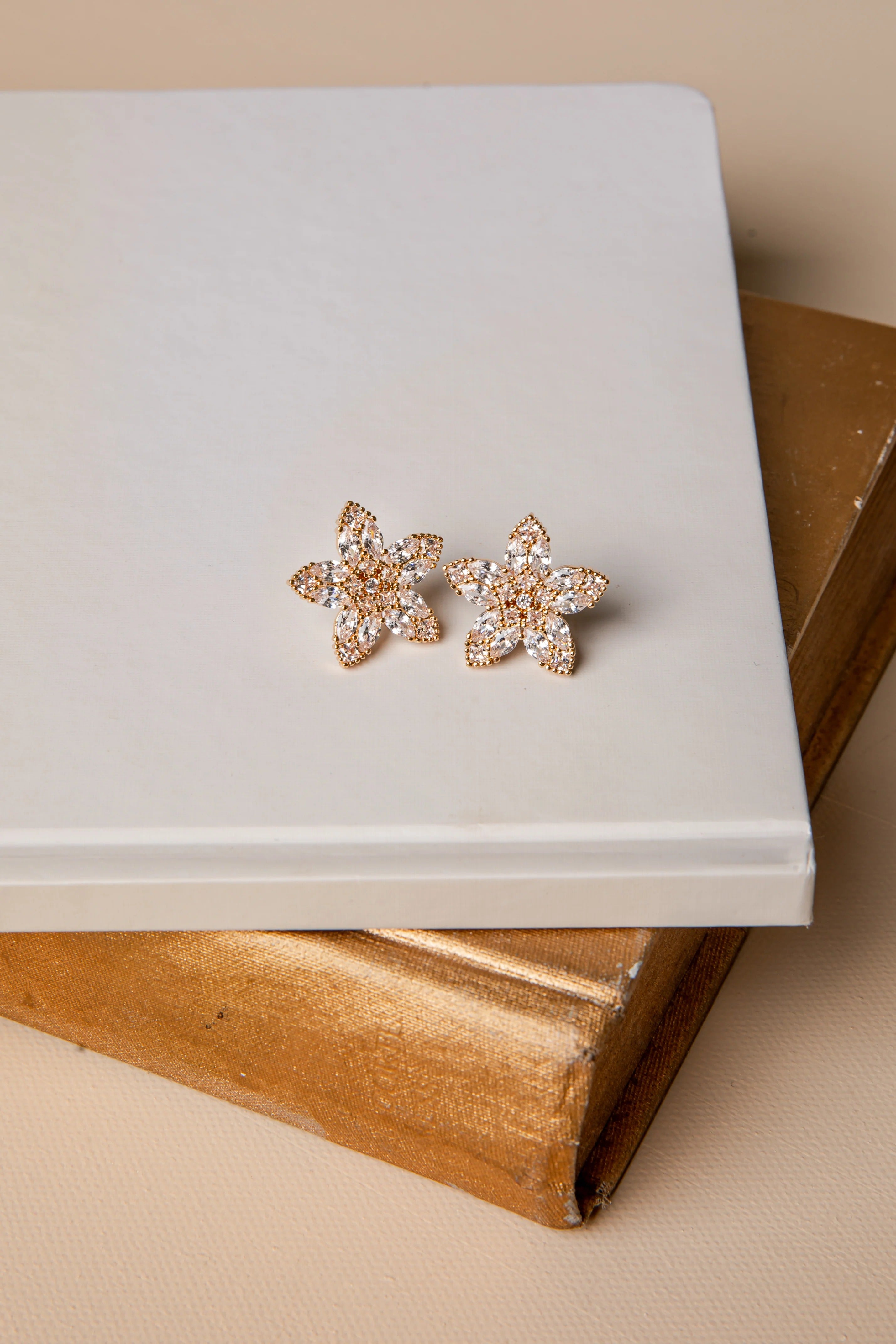 Gold Rhinestone Floral Stud Earrings