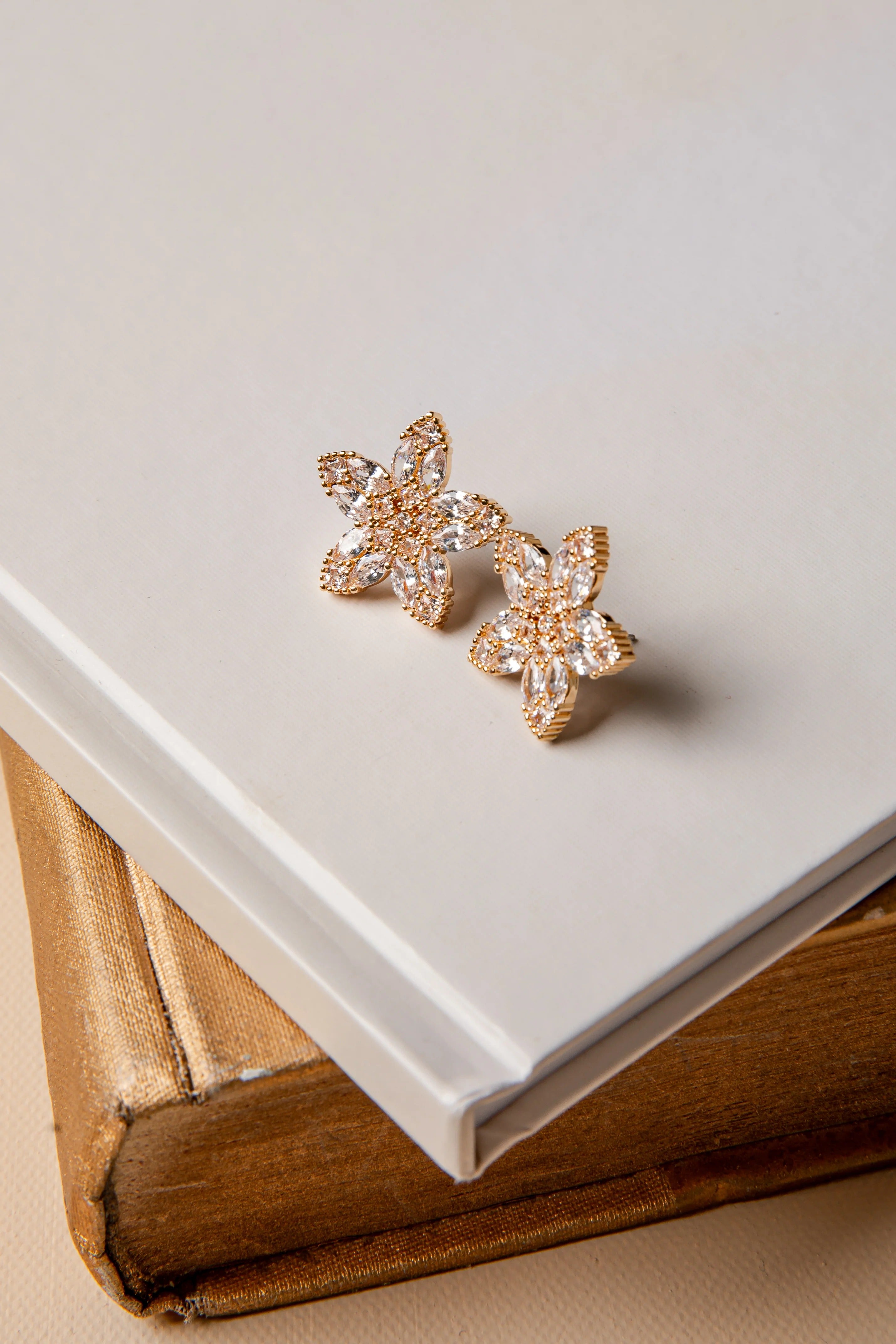 Gold Rhinestone Floral Stud Earrings