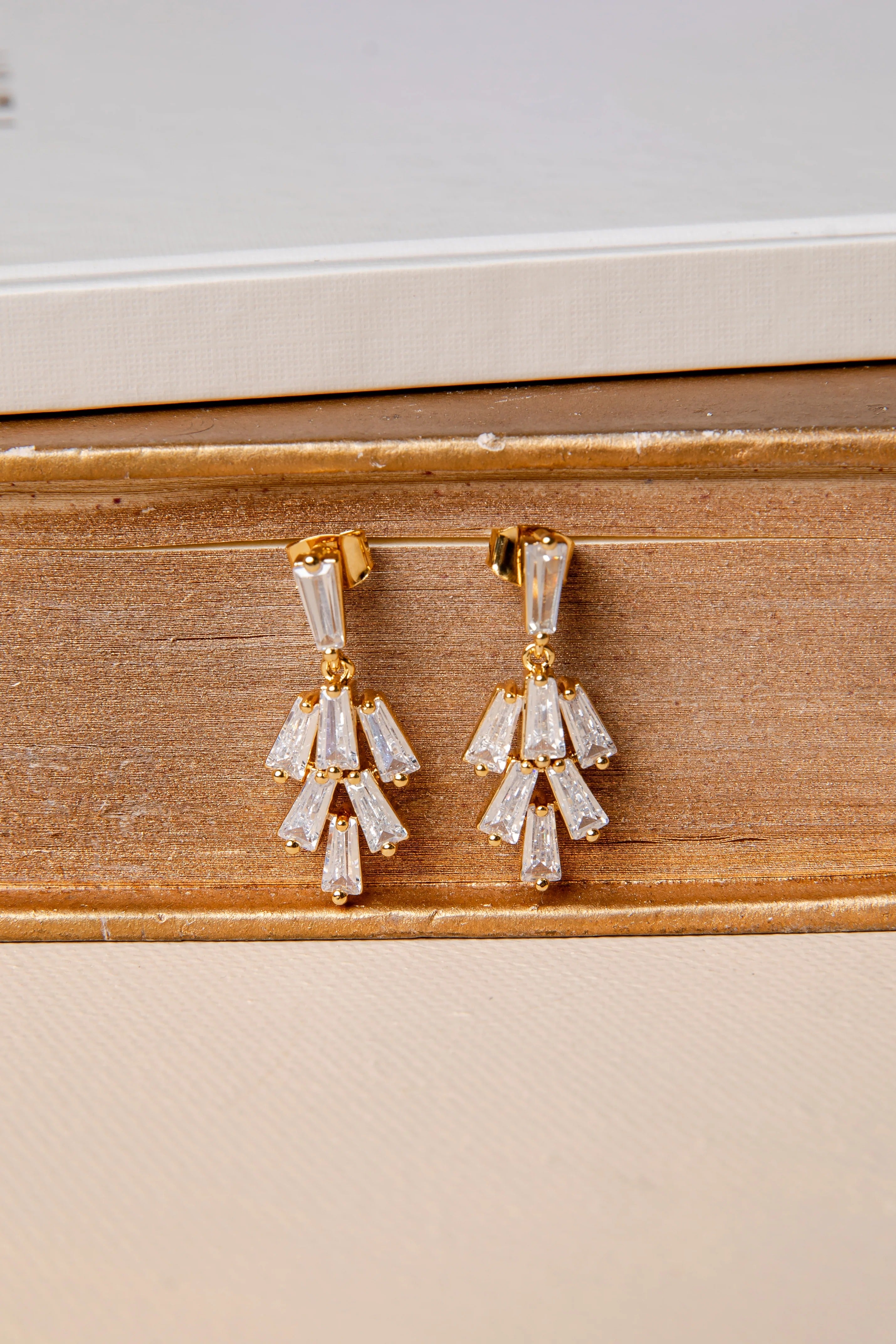 Gold Cascade Baguette Crystal Drop Earrings