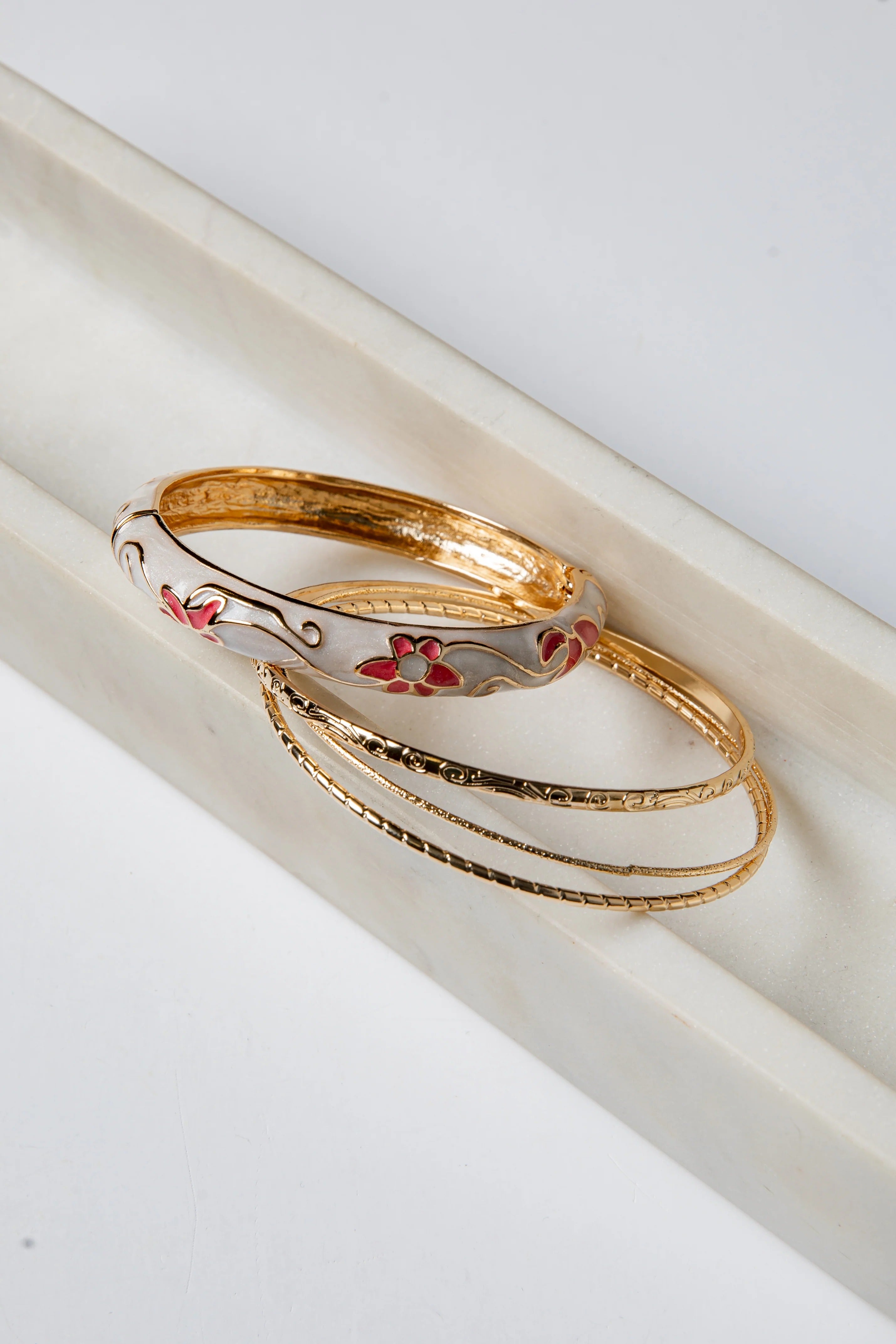 Gold Bangle Bracelet Set with Pearl and Floral Design
