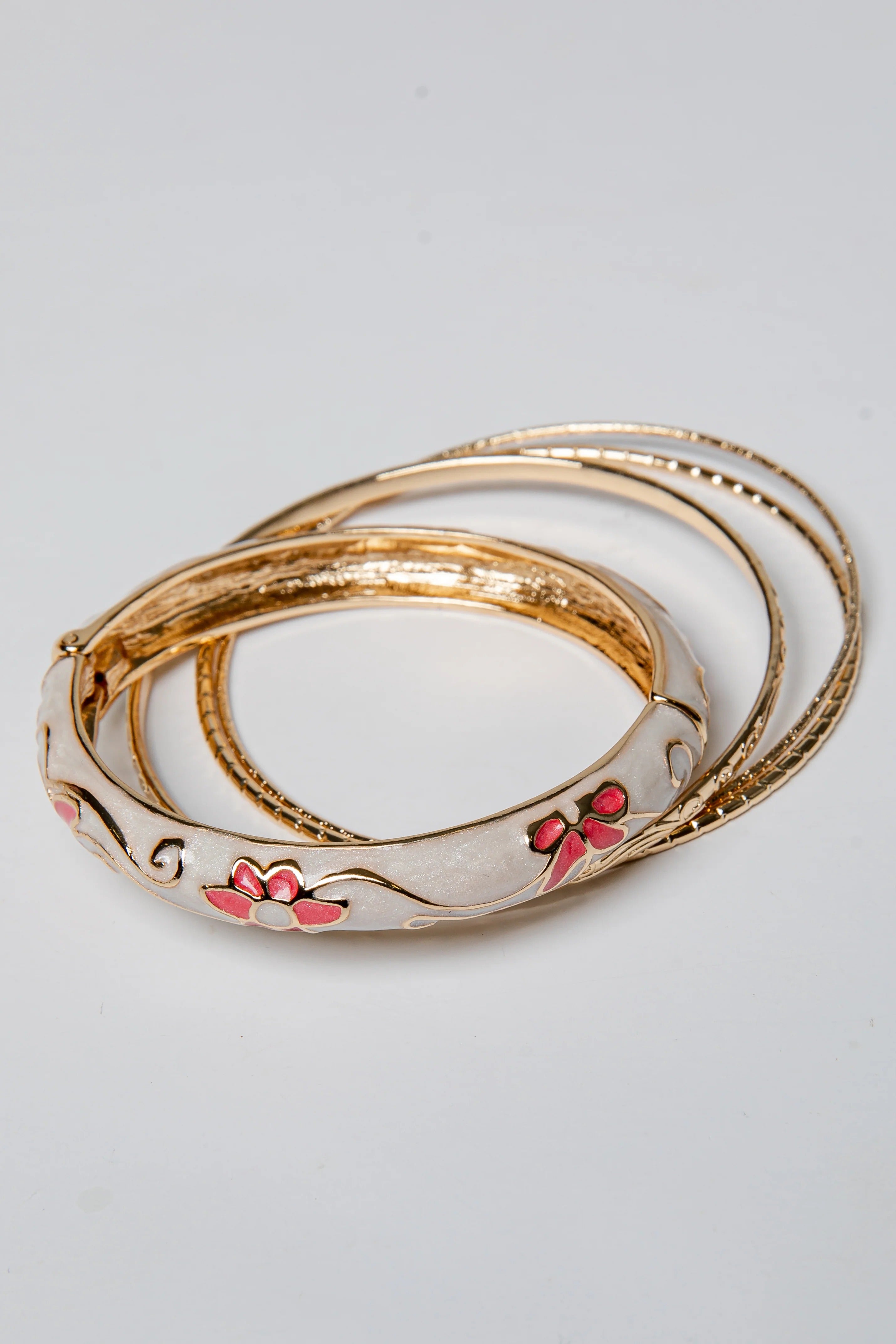 Gold Bangle Bracelet Set with Pearl and Floral Design