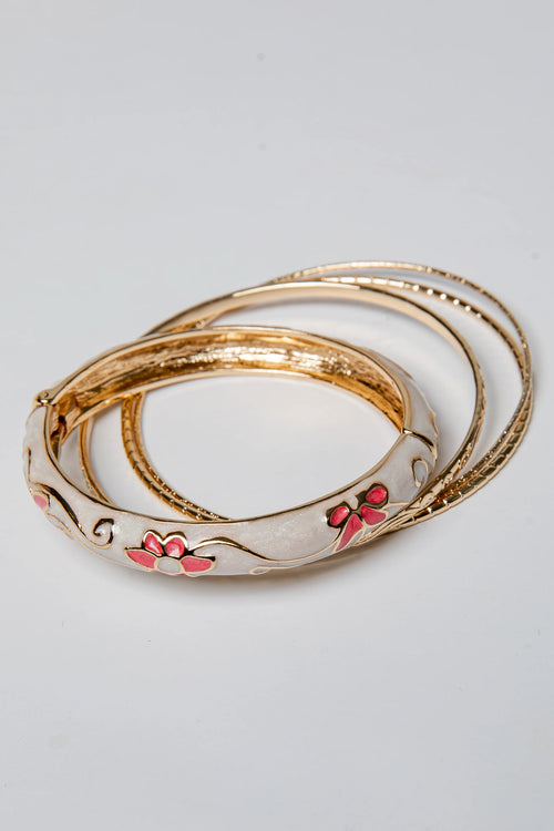 Gold Bangle Bracelet Set with Pearl and Floral Design