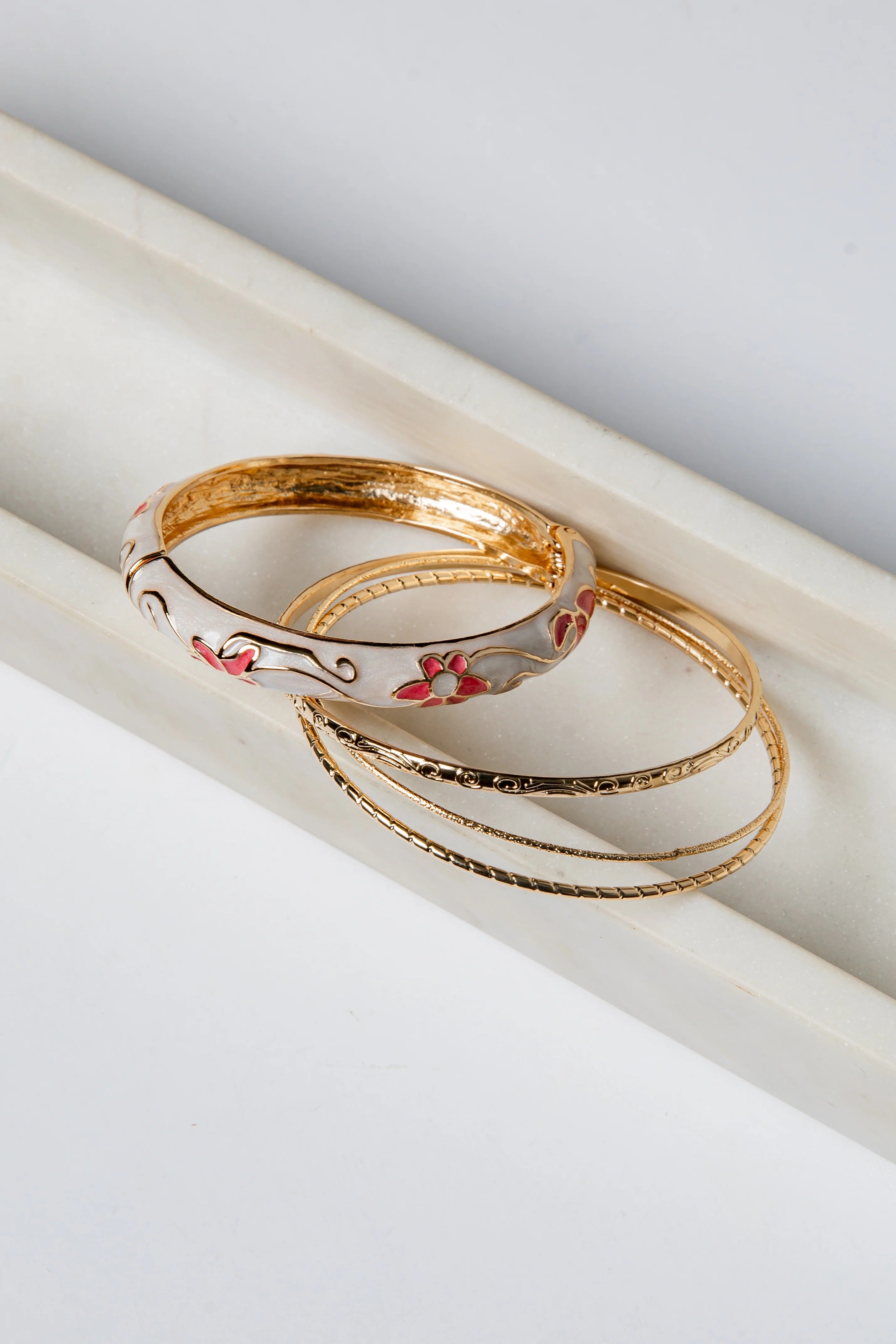 Gold Bangle Bracelet Set with Pearl and Floral Design