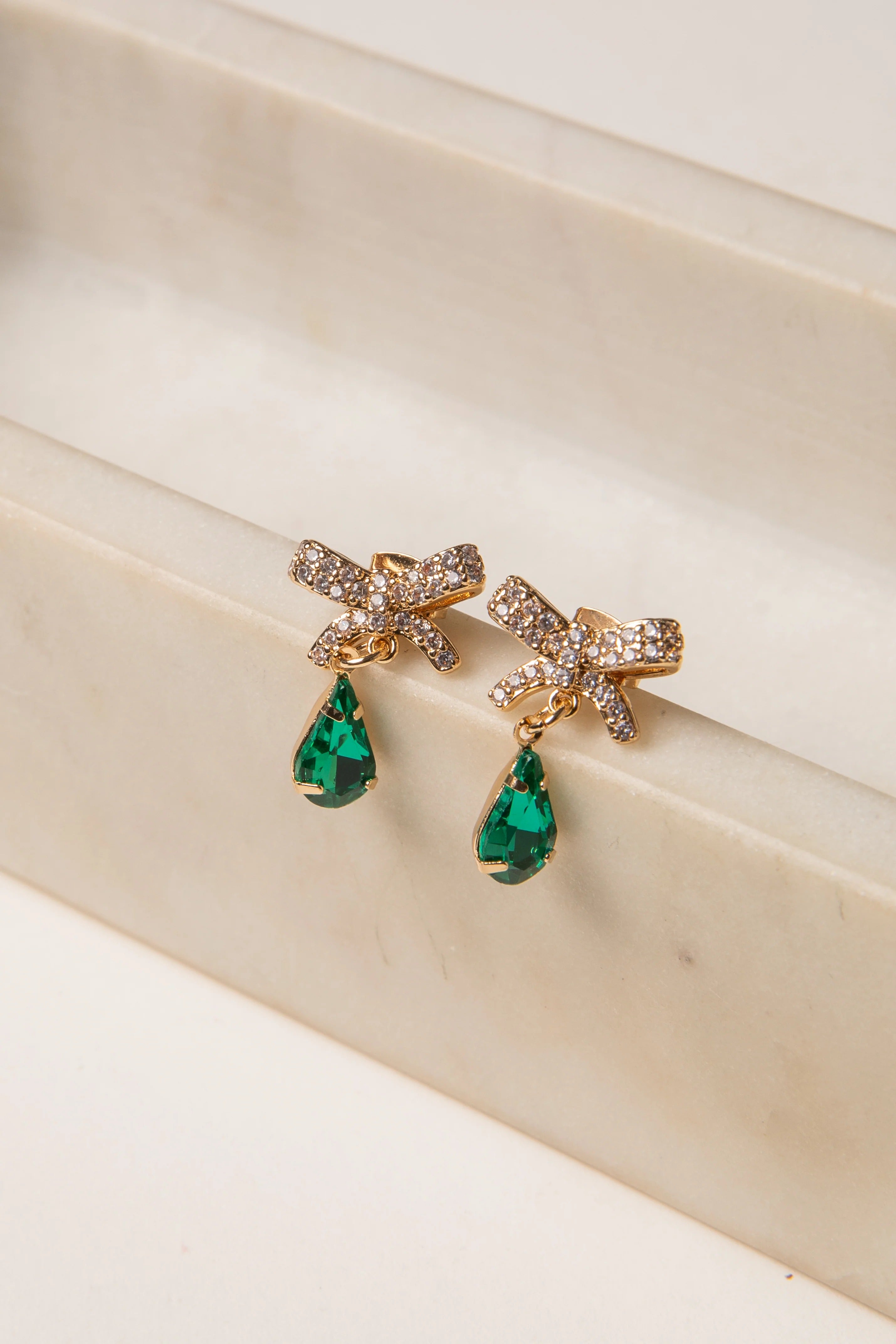 Green Bow Gemstone Drop Earrings with Rhinestone Detail