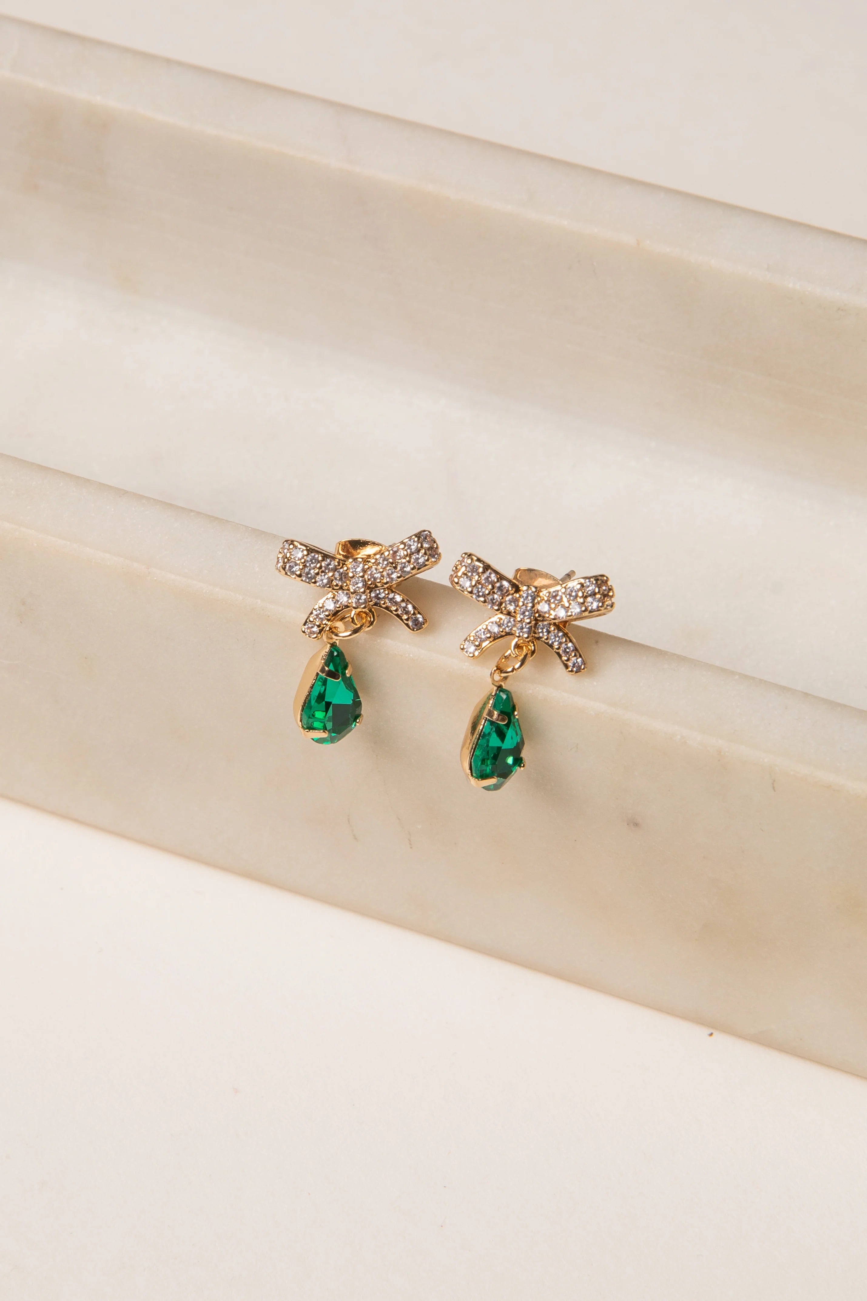 Green Bow Gemstone Drop Earrings with Rhinestone Detail