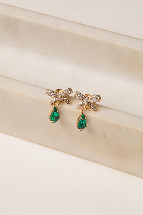 Green Bow Gemstone Drop Earrings with Rhinestone Detail