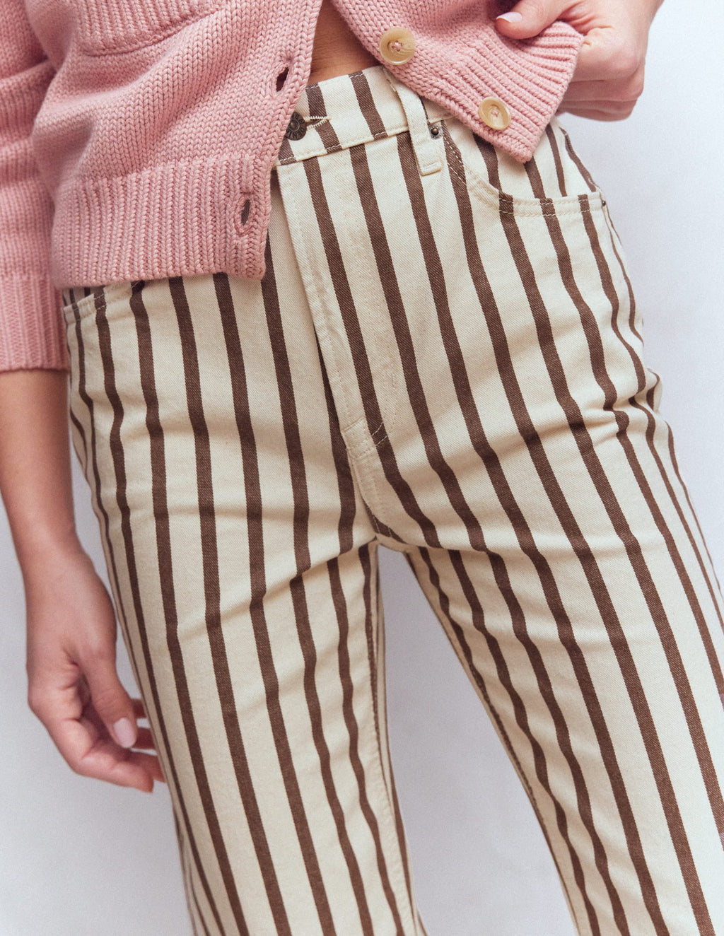 High Rise Straight Jeans-Brown Ecru Stripe