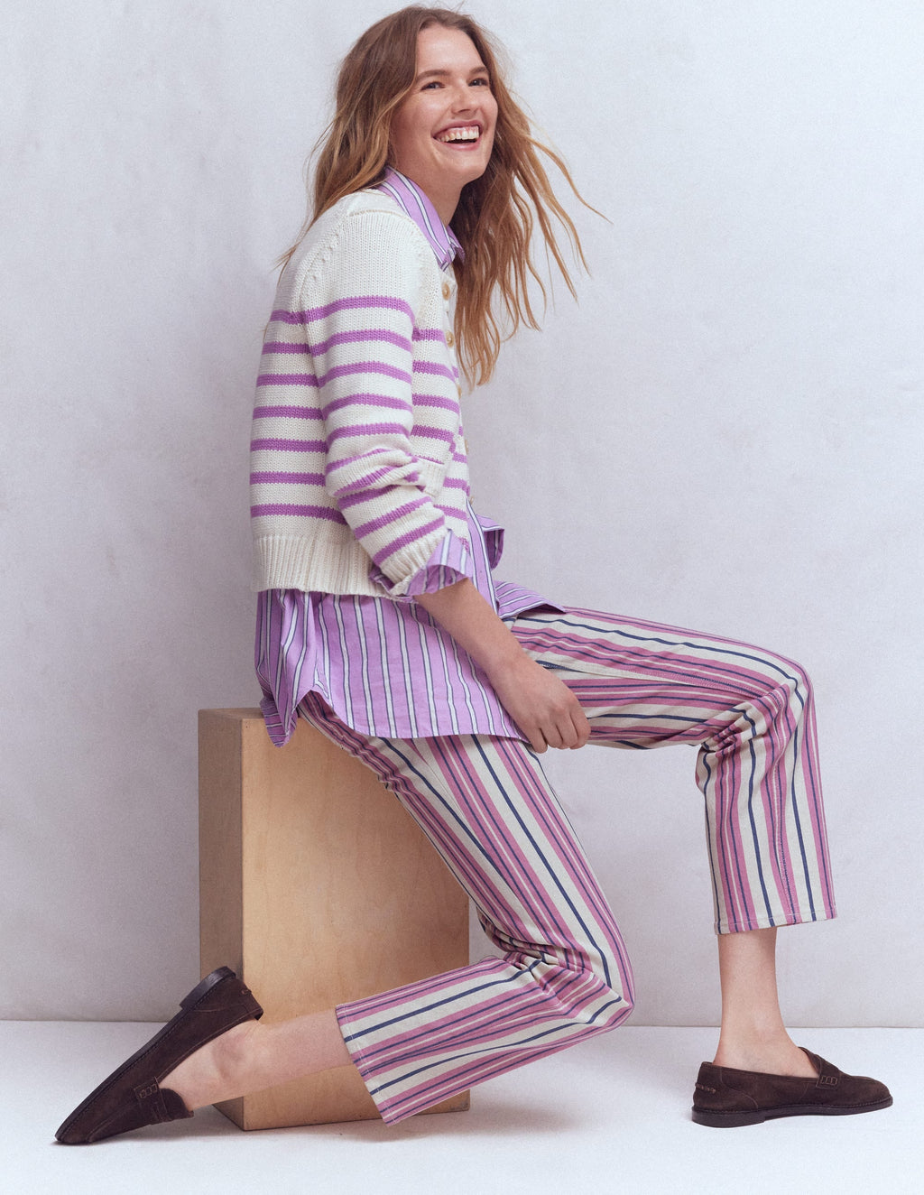 High Rise Straight Jeans-Pink, Blue & Ivory Stripe