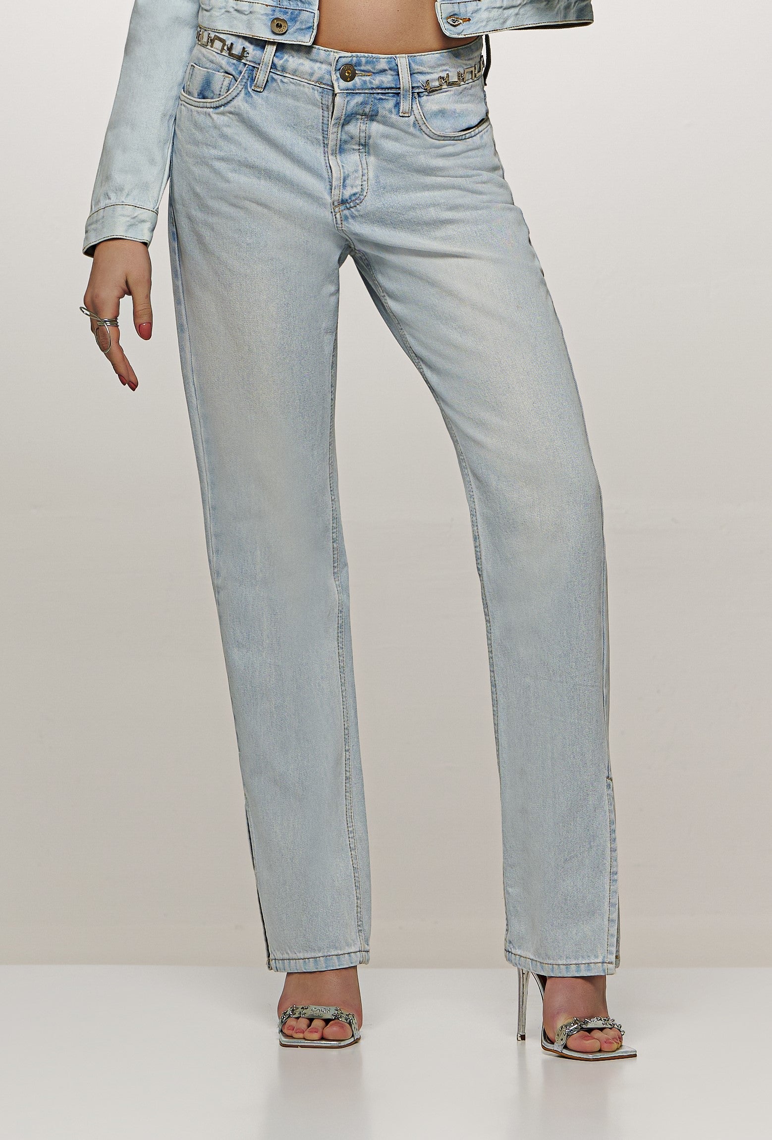 Embroidered Jeans with Chain Detail