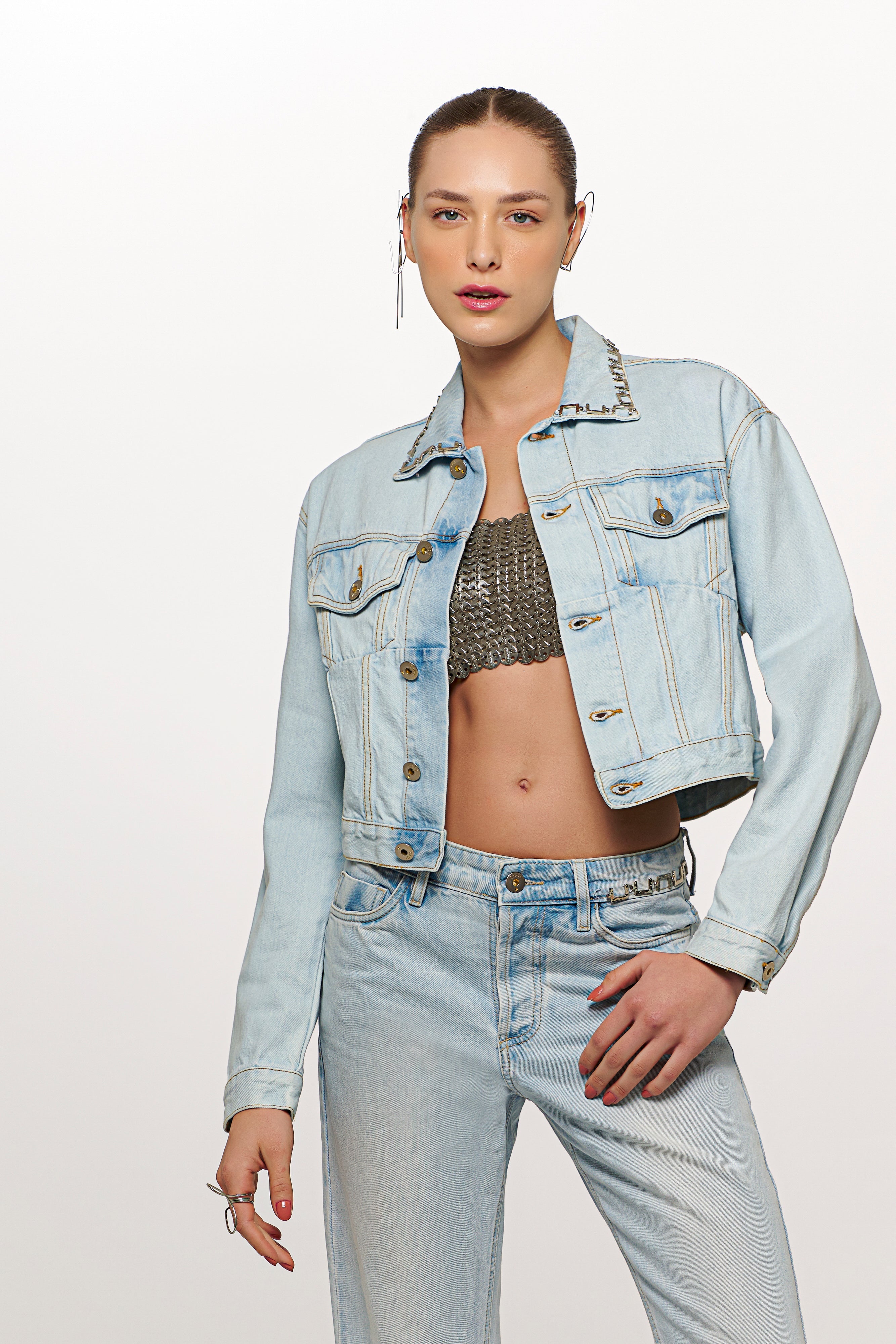 Embroidered Jeans with Chain Detail