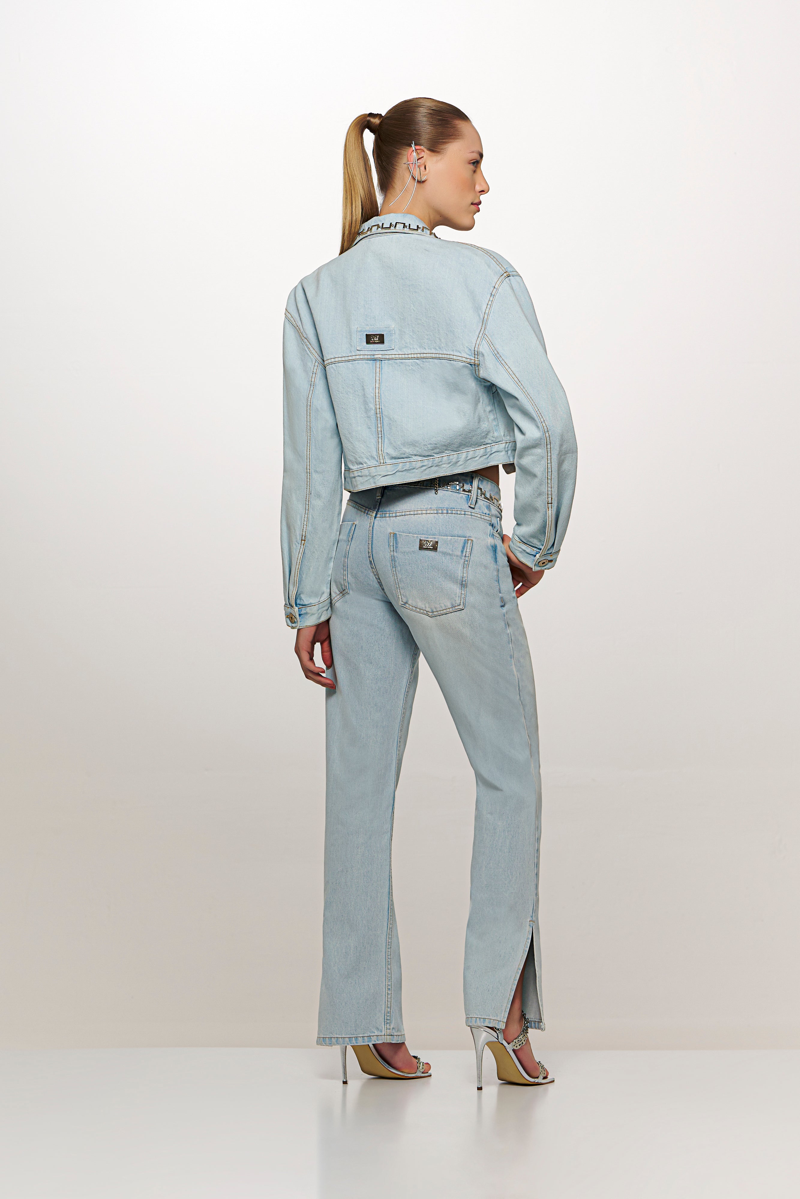 Embroidered Jeans with Chain Detail