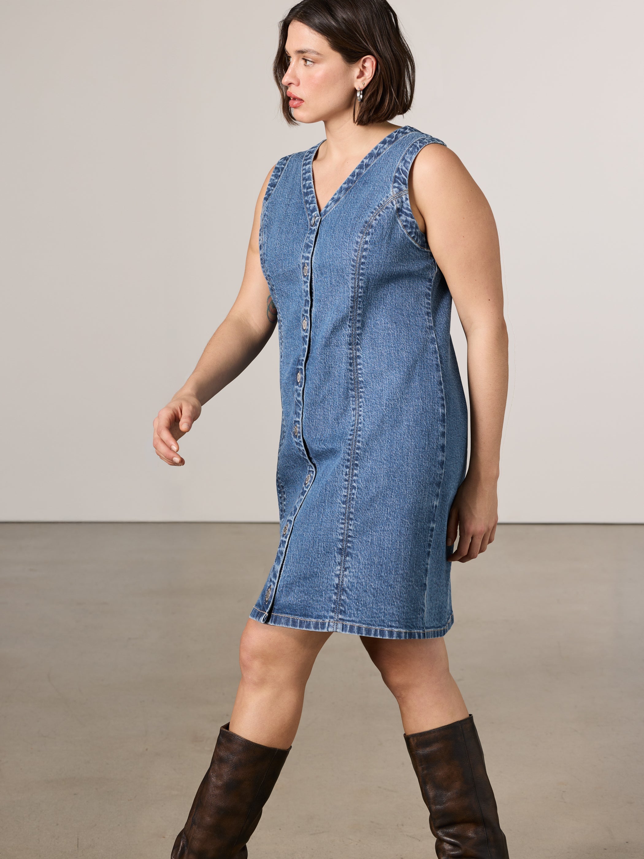 Sleeveless Buttoned-Down Mini Denim Dress