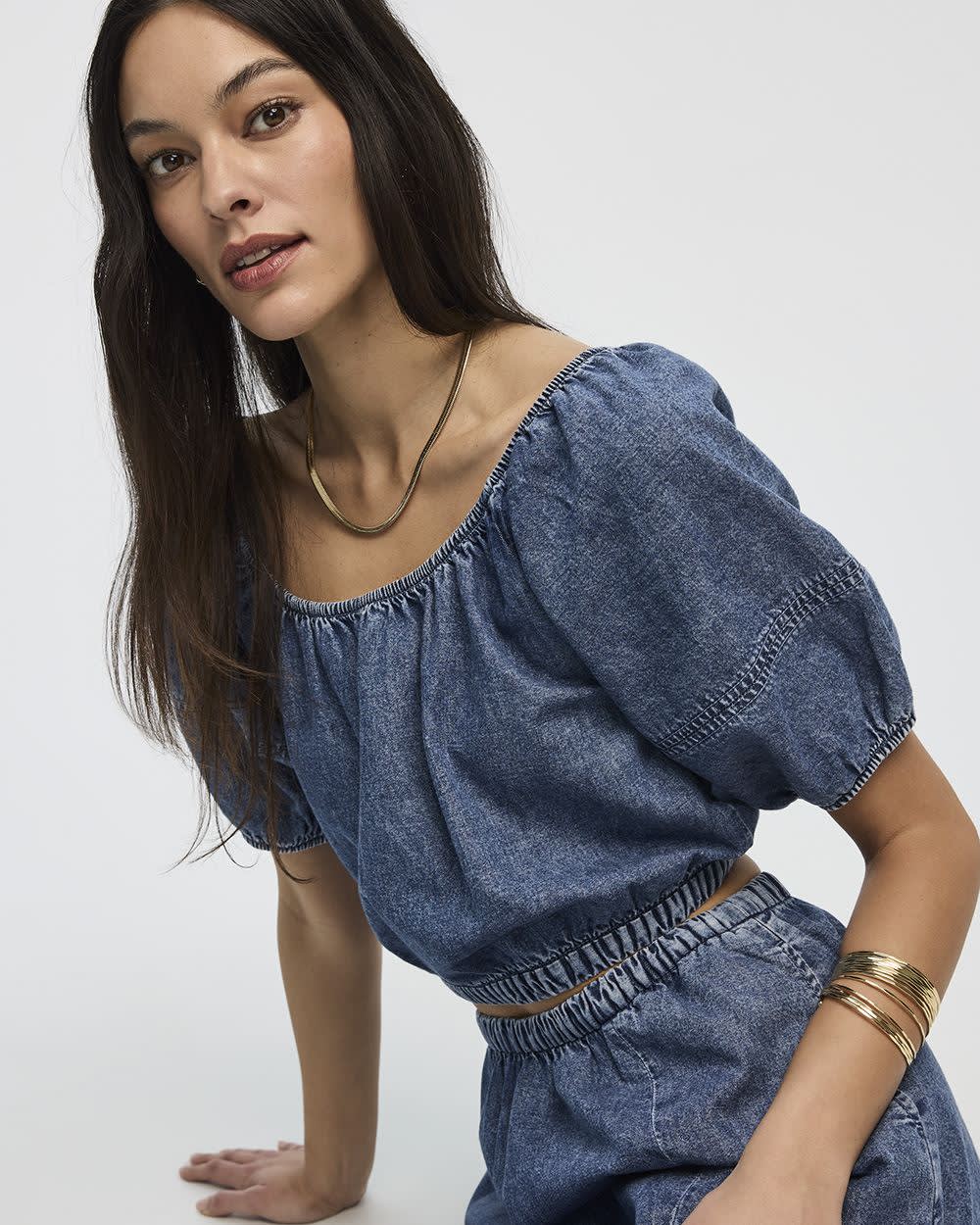Short-Puffy-Sleeve Denim Top with Boat Neckline