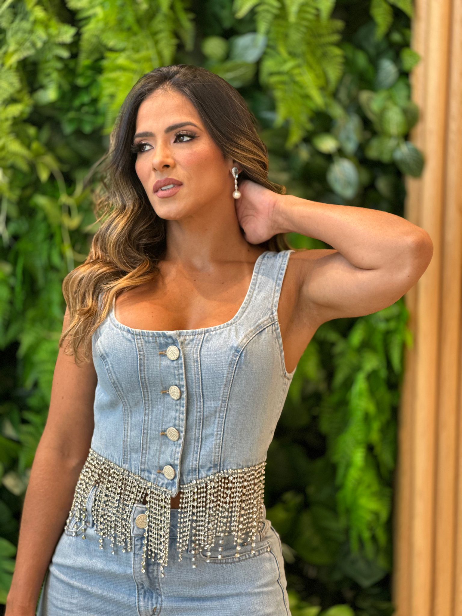 Jeans Skirt+Rhinestone Top Set