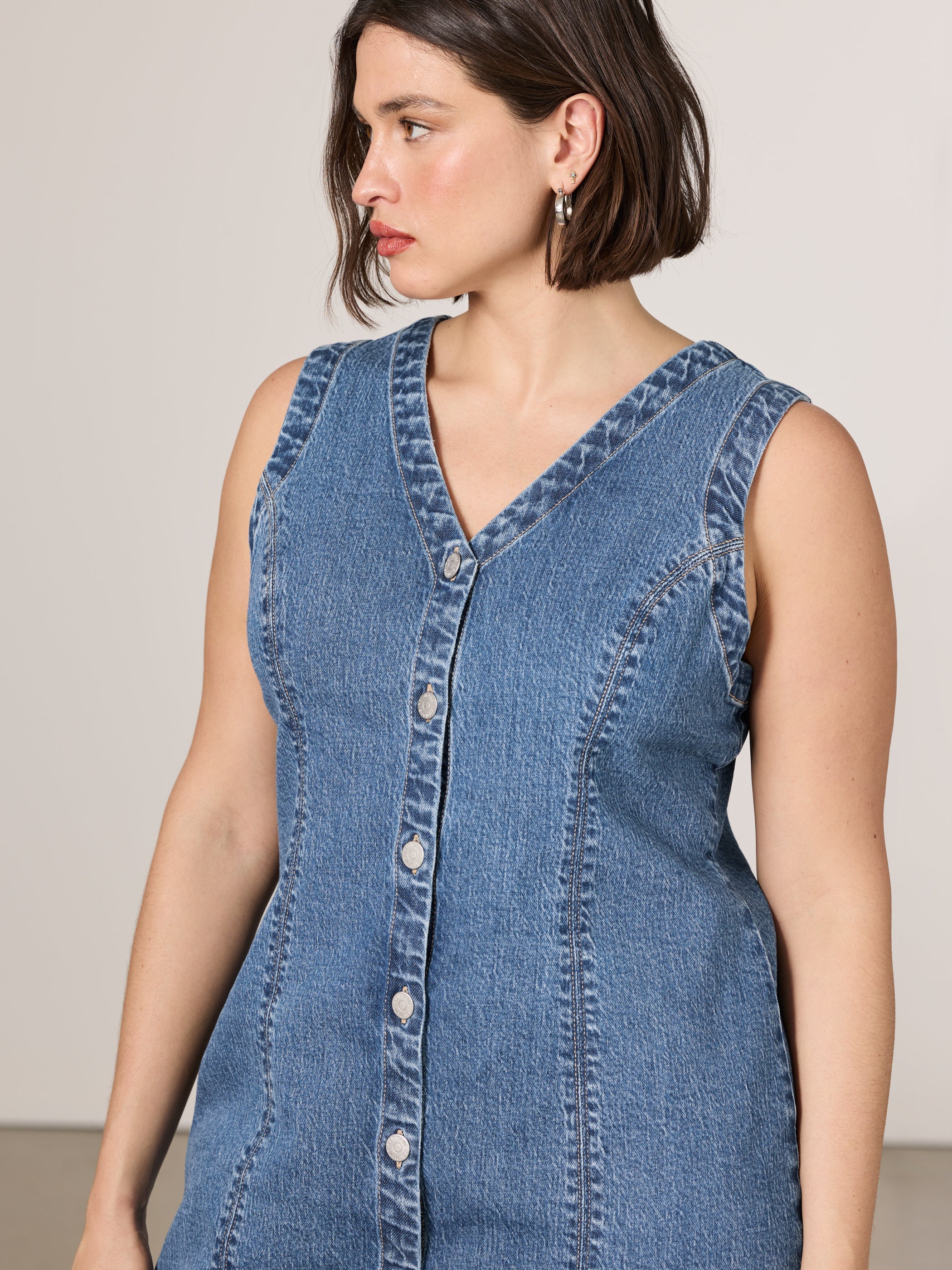 Sleeveless Buttoned-Down Mini Denim Dress